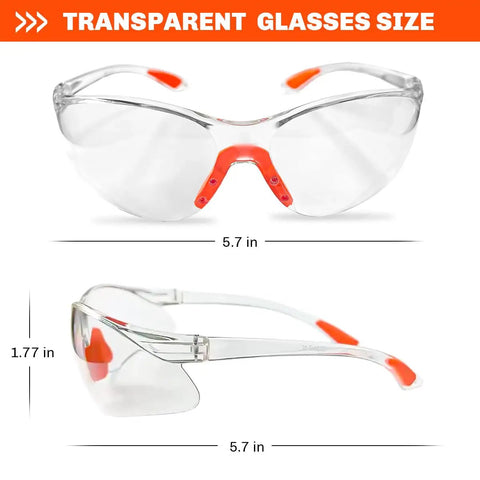 Orange Safety Glasses Set Of 12 For Men And Women, Clear Working Glasses With Dimensions Displayed, Front and Side View