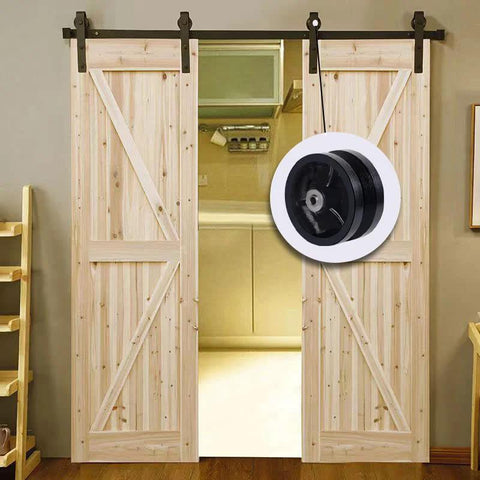 SYRATION 4x1-1/2 cast iron V-groove caster wheel with straight roller bearing (black) on sliding barn door hardware.