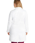 Back view of Women's White Lab Coat With Five Pockets Moisture Wicking Two Way Stretch Relaxed Full Length Fit For Doctors And Researchers