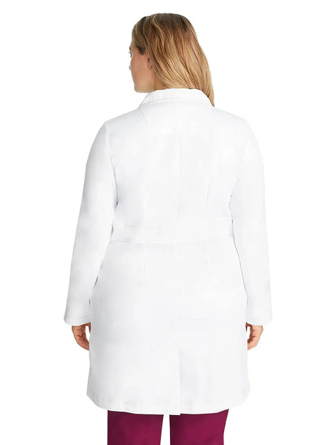 Back view of Women's White Lab Coat With Five Pockets Moisture Wicking Two Way Stretch Relaxed Full Length Fit For Doctors And Researchers