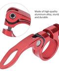Red Aluminum Bike Seat Post Clamp Quick Release For 25.4mm Tubes, close-up on lever and alloy construction, universal fit.