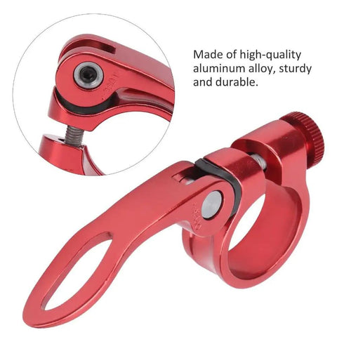 Red Aluminum Bike Seat Post Clamp Quick Release For 25.4mm Tubes, close-up on lever and alloy construction, universal fit.