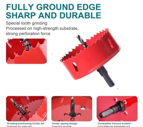 4 1/4 Inch HSS Bi-Metal Hole Saw Kit With Pilot Drill Bit for Wood Metal Plastic Drywall PVC, shown with red hole saw blade and arbor.
