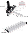 Heavy Duty Adjustable Universal Aluminum Miter Gauge Fence System With Rock Solid Angle Plate Ruler And Easy Grip Push Block For Pro Benchtop Woodworking Builds, showing dimensions and features.