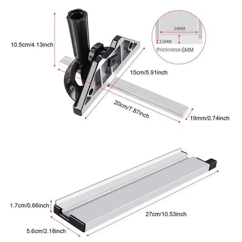 Heavy Duty Adjustable Universal Aluminum Miter Gauge Fence System With Rock Solid Angle Plate Ruler And Easy Grip Push Block For Pro Benchtop Woodworking Builds, showing dimensions and features.