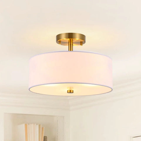 3 Light Gold Drum Semi Flush Mount Ceiling Light With White Fabric Shade, Modern Close To Ceiling Fixture For Bedroom Living Room Kitchen Hallway Entryway, Frosted Glass Diffuser, Dope Brushed Gold Finish