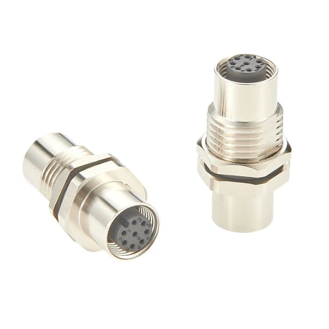 Two M12 A Code 8 Pin Female To Female Bulkhead Connector IP67 Waterproof Circular Receptacles for Automation Control Cabinets and Robotics