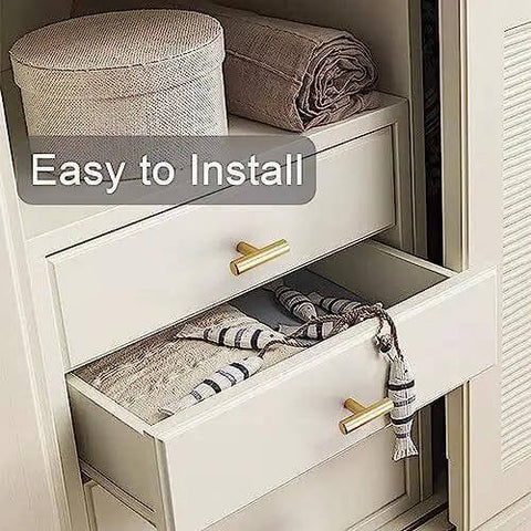 Thirty Pack Stainless Steel Cabinet Knobs And Drawer Pulls With Mounting Screws Single Hole Gold Handles For Kitchen And Bedroom Furniture Upgrades shown on light-colored drawers.