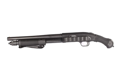 Tactical Grip Glove For Mossberg Shockwave And Remington Tac 14 Slip On Grip Black With Recoil Reduction Non Slip Texture displayed on shotgun