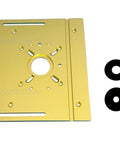 Plug And Play Aluminum Router Table Insert Plate Featuring Ridiculously Smooth Electric Lift System For Fast Wood Engraving And Easy Slotting Chores Warm Gold Anodized Surface with two black washers.