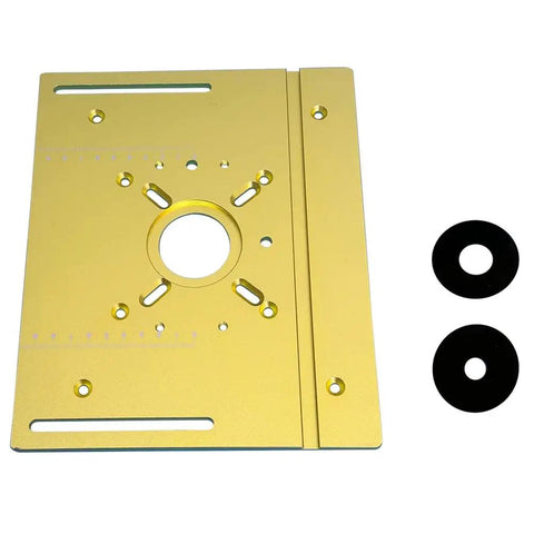 Plug And Play Aluminum Router Table Insert Plate Featuring Ridiculously Smooth Electric Lift System For Fast Wood Engraving And Easy Slotting Chores Warm Gold Anodized Surface with two black washers.