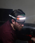 Person wearing Rechargeable Wide Beam Headlamp With Strap And 575 Lumens Five Lighting Modes All Day Runtime Direct Focus And Hard Hat Compatibility For Work And Outdoor Adventures while working in dark environment.