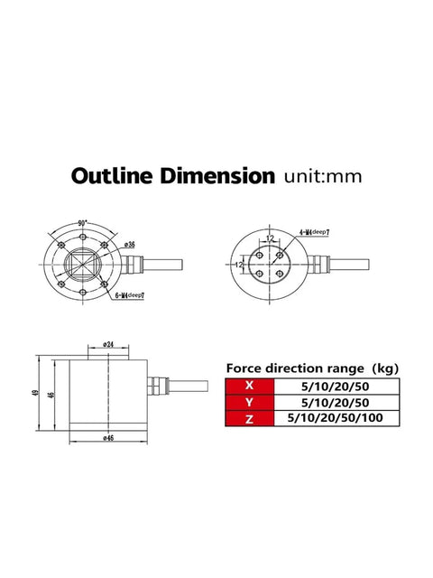 Diagram of Heavy Duty Weighing Torque Load Sensor With Multidimensional Force Sensing On XYZ Axis Transducer Load Cell 0-100 kg