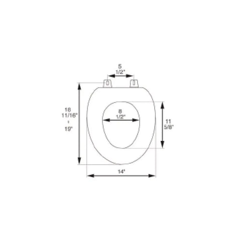 Dimensions diagram for Elongated Toilet Seat In Traditional Oak Design With Polished Brass Hinges Dark Brown Stain Solid Oak Construction Built To Last Finger Joined And Glued Non Corrosive Self Aligning Hardware Free Install Tool Included High Gloss Finish.