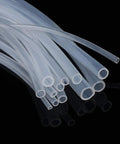 Close-up of clear silicone tubing set with multiple diameters; 1/4 in ID, 3/8 in OD