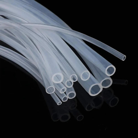 Close-up of clear silicone tubing set with multiple diameters; 1/4 in ID, 3/8 in OD
