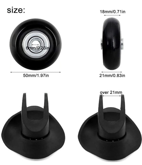 50mm Luggage Replacement Wheels Set Of 4 For Suitcases, Silent PU Swivel Caster Wheels With 30mm And 35mm Axles, size chart view