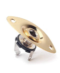 Top Notch Metal Oval Electric Guitar Jack Plate With Included Screws Fits Fender Strat And Tele Models For Super Crisp Tone And Hella Reliable Signal Transfer In Classic Gold, showing gold metal plate with input hole.