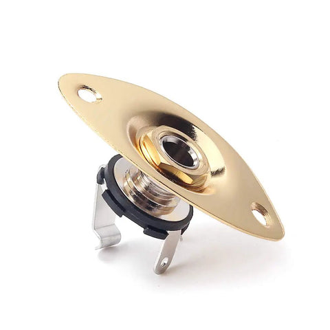 Top Notch Metal Oval Electric Guitar Jack Plate With Included Screws Fits Fender Strat And Tele Models For Super Crisp Tone And Hella Reliable Signal Transfer In Classic Gold, showing gold metal plate with input hole.