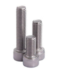 Three M1.6 x 5mm Stainless Steel Allen Hex Socket Cap Screws DIN 912 All Thread Coarse Pitch 0.35mm 100 Pack A2-70 shown upright.