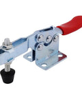 Heavy Duty 4 Pcs Toggle Clamp Set With Quick Release Lever And Super Secure Holding Power For Woodworking Welding Assembly And Shop Tasks That Need Serious Muscle And Precision Grip Any Time You Work, close-up of red handle clamp.