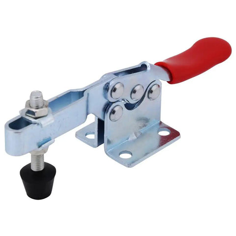 Heavy Duty 4 Pcs Toggle Clamp Set With Quick Release Lever And Super Secure Holding Power For Woodworking Welding Assembly And Shop Tasks That Need Serious Muscle And Precision Grip Any Time You Work, close-up of red handle clamp.