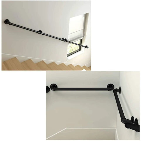 Tough As Nails Black Wrought Iron Stair Handrail With Galvanized Pipe Build For Indoor Or Outdoor Step Support Rock Solid Antiskid Safety Grab Bar For Hallway Bathroom And Stairs 16 Foot Size mounted beside stairs.