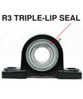 Beefy Built Tough Heavy Duty Pillow Block Bearing With 2 7 16 Inch Bore 2 Bolt Self Aligning Mount R3 Triple Lip Seal High Speed Low Noise Long Life Durable Replacement For OEM And Industrial Applications, black cast iron housing front view