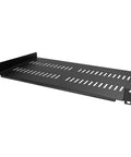 Heavy Duty 1U Server Rack Shelf Ventilated Cantilever Tray Black with perforated design for airflow cooling and easy access.