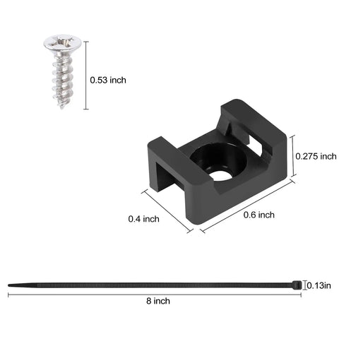 Image of an All in One Saddle Type Cable Tie Mount Base, 0.6x0.4x0.275 inches, with 8 inch zip tie and 0.53 inch tapping screw.