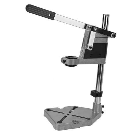 Adjustable vertical drill stand for hand drills with 38-43 mm collar, aluminum construction, showing side view with mounting holes.