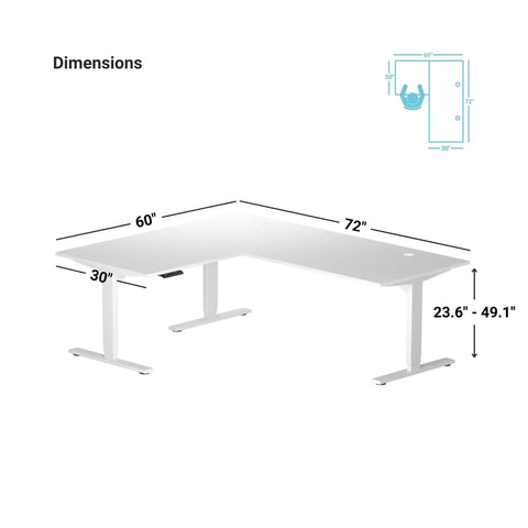 Slick Electric L Shaped Corner Standing Desk 60 By 72 Inches dimensions with smooth gliding height adjustments for workspace.