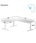 Heavy Duty L Shaped Electric Standing Desk With Smooth Glide Motors Rock Solid White Frame Spacious Bright Beech Top dimension diagram.