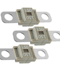 Beefy Heavy Duty 3 Pcs Midi Fuses 150 Amp Flat Style Bolt On Fuse Links Gray close-up showing fuse details and connectors.