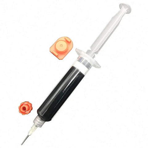 Pro Grade 10ML Black UV Solder Mask Kit With 1 Needle And Push Tool For PCB BGA Work, Prevents Corrosion And Arcing shown in syringe