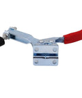 Heavy Duty 4 Pcs Toggle Clamp Set With Quick Release Lever And Super Secure Holding Power For Woodworking Welding Assembly and Shop Tasks. Image of a toggle clamp with a red handle and zinc-plated finish.