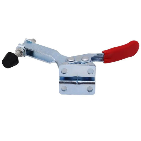 Heavy Duty 4 Pcs Toggle Clamp Set With Quick Release Lever And Super Secure Holding Power For Woodworking Welding Assembly and Shop Tasks. Image of a toggle clamp with a red handle and zinc-plated finish.