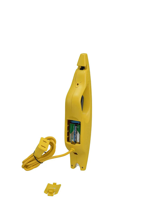 Side view of LED Light Set Repair Tool With Built In Bulb And Fuse Tester, 9V Battery, yellow casing, and cable.