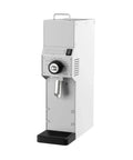 Top Shelf Commercial Coffee Grinder With 84Mm Flat Hardened Steel Burrs And Precision Stepless Adjustment For High Volume Brew Shops Or Cupping Labs Packs A 1.3Kg Bean Hopper 550W Motor And Sleek Black Body in silver with a black base.