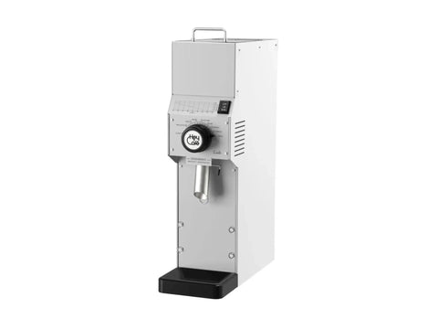 Top Shelf Commercial Coffee Grinder With 84Mm Flat Hardened Steel Burrs And Precision Stepless Adjustment For High Volume Brew Shops Or Cupping Labs Packs A 1.3Kg Bean Hopper 550W Motor And Sleek Black Body in silver with a black base.
