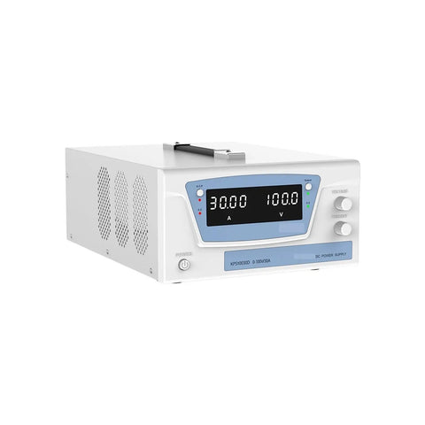 RS485 Enabled Bench Top Power Supply With Output From 0 To 100 Volts And 0 To 30 Amps 3000W Dope Stable Output For Electronics Prototyping And Phone Repair With Over Current And Over Voltage Protection. white bench top DC power supply with digital display and control knobs