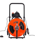 Heavy Duty Auto Feed Drain Auger Snake Machine Packs Four Swappable Cutters, front view showcasing the durable orange drum.