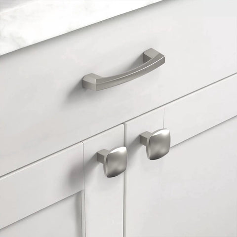 Brushed Satin Nickel Cabinet Knobs 10 Pack Square Design Zinc Hardware for Kitchen Cabinets Dressers and Drawers installed on white cabinet