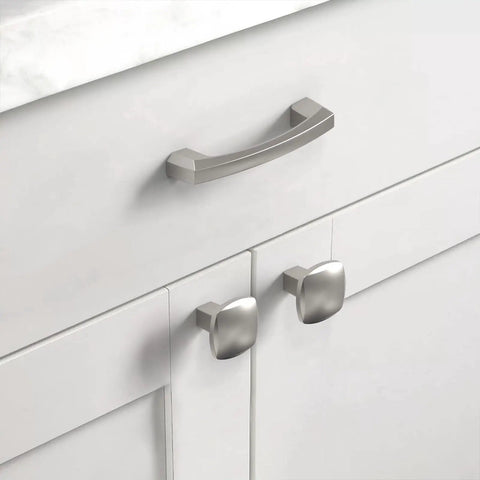 Rock Solid 3 Inch Brushed Satin Nickel Kitchen Cabinet Handles 10 Pack Trendy Drawer Pulls on white cabinets.