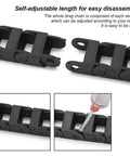 Beefy Black Nylon PA66 Cable Drag Chain 10x15mm with modular links and end connectors, showing self-adjustable feature for CNC machines.