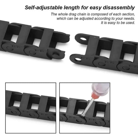 Beefy Black Nylon PA66 Cable Drag Chain 10x15mm with modular links and end connectors, showing self-adjustable feature for CNC machines.