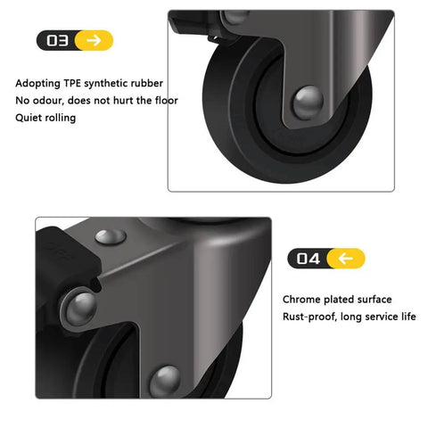 Heavy Duty Silent Rubber Swivel Casters Rock Solid Build 360 Degree Rotation M6 M8 M10 Mount Sizes Smooth Rolling close-up of TPE rubber wheel and chrome plated surface.