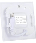 Back view of LED panel light showing power specifications and white cord