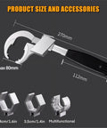Universal Adjustable Double End Wrench For Quick Home Repairs shown with dimensions and chuck accessories