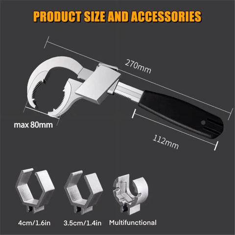 Universal Adjustable Double End Wrench For Quick Home Repairs shown with dimensions and chuck accessories